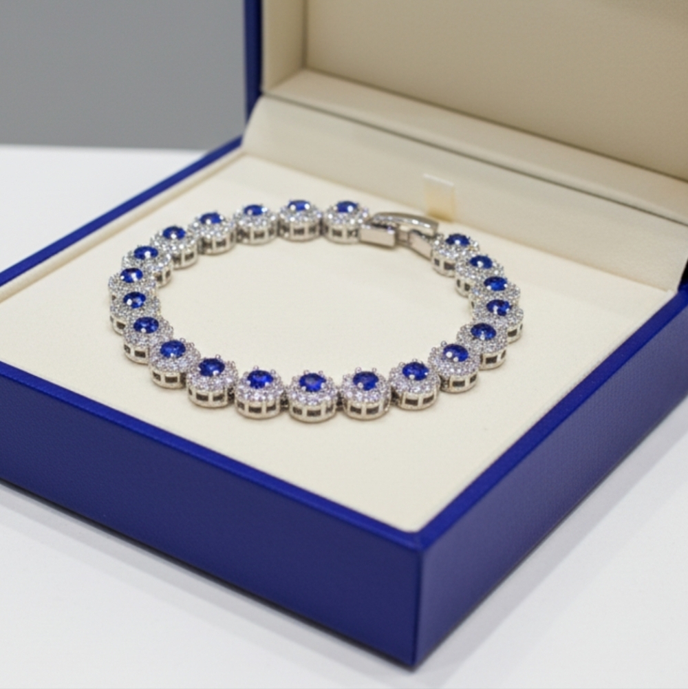 Round Blue CZ Cluster Tennis Bracelet